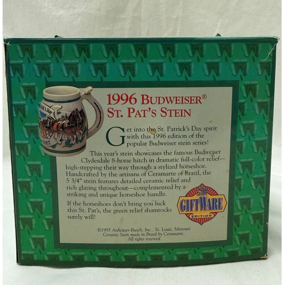 Vintage 1996 Budweiser St Patricks Day Ceramarte Beer Stein With Box & COA - Picture 3 of 12